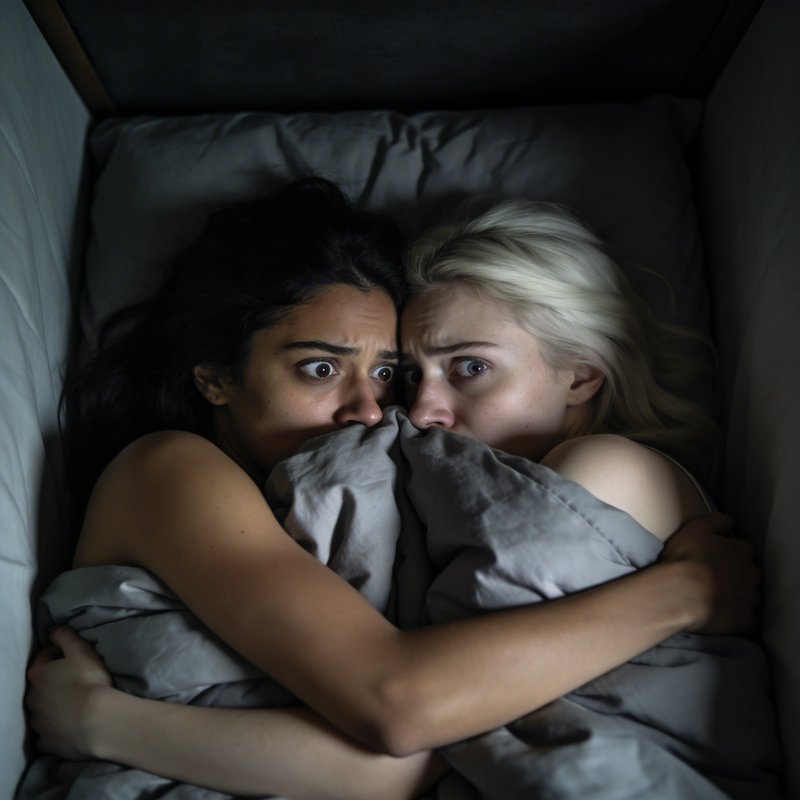 Two women huddled in bed under a gray blanket with terrified expressions, peering at something off-frame.