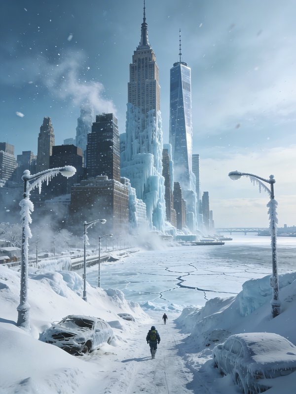 Snowy urban scene with icy skyscrapers and a lone walker on a frozen street