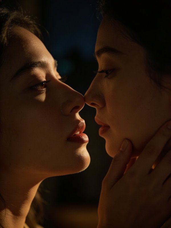 Close-up of two people about to kiss, noses and lips nearly touching in an intimate moment.