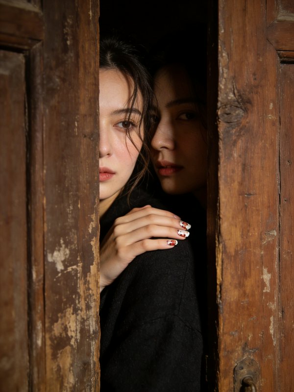Two women in a weathered wooden doorway, one in front with floral nail art on her hand resting on the other's shoulder.