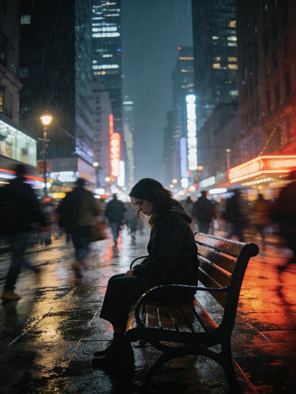 Woman sitting on a rain-soaked urban bench at night, illuminated by neon city lights.