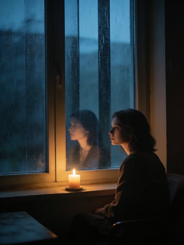 A woman sits by a rain-streaked window at night, candlelight on the sill.