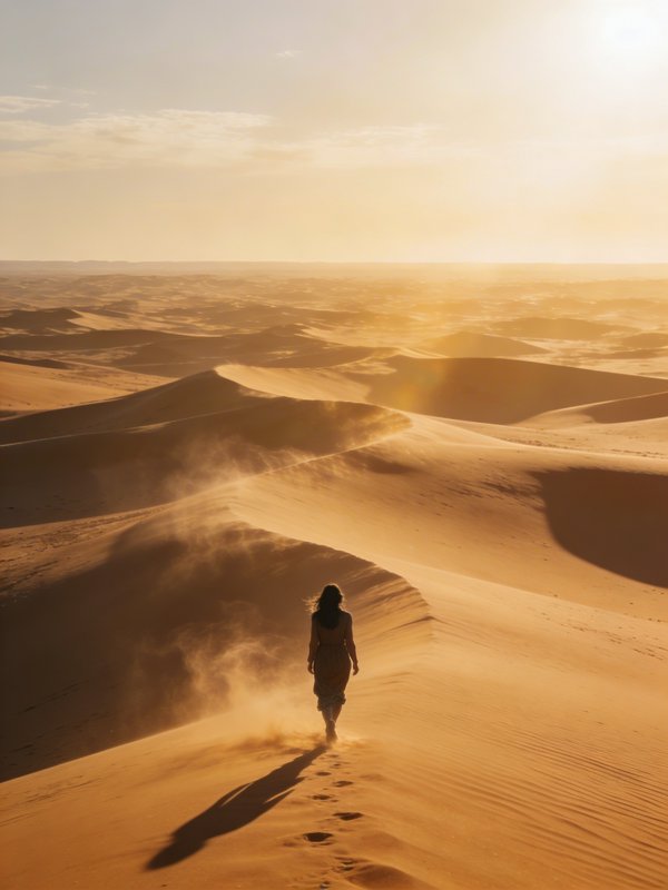 Silhouette of a person walking over wind-sculpted desert dunes at sunset.