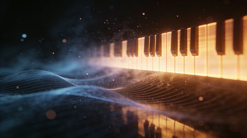 Futuristic piano keys glow orange as digital wave patterns ripple across a dark stage.