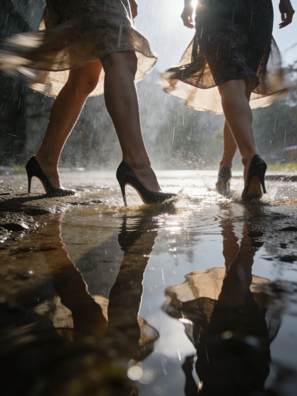 Women in high heels walking through a rain puddle with flowing dresses, reflected in the water.