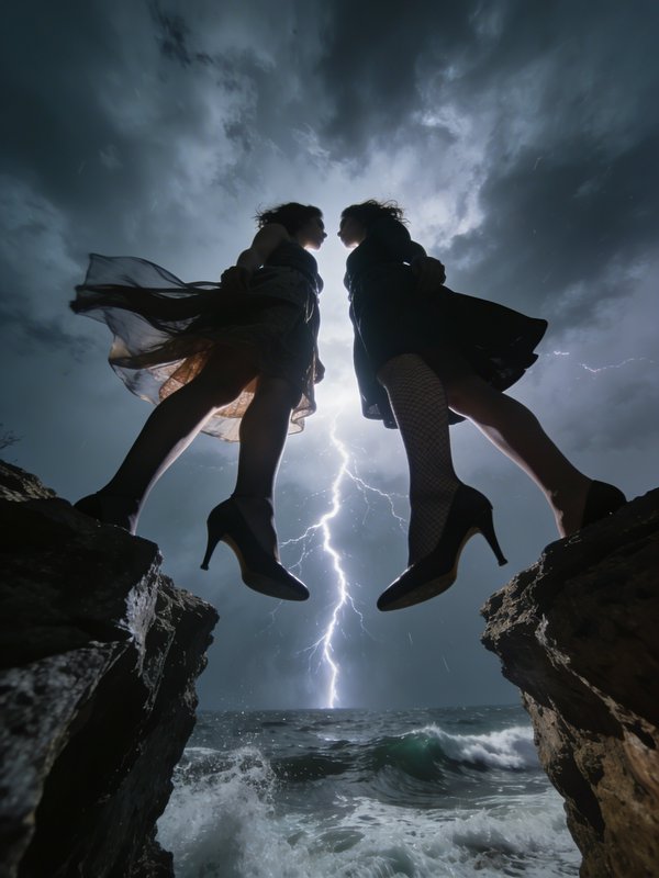 Two silhouetted women in dresses and high heels leap between rocky cliffs over the thunderous sea.
