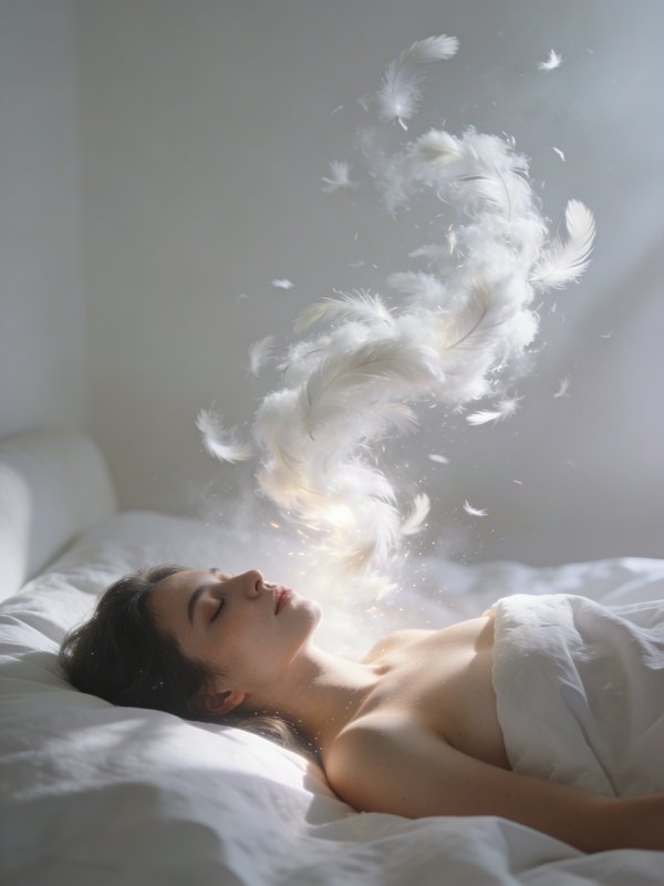 Woman asleep in bed with swirling white feathers rising from her mouth, creating a dreamlike ethereal cloud.