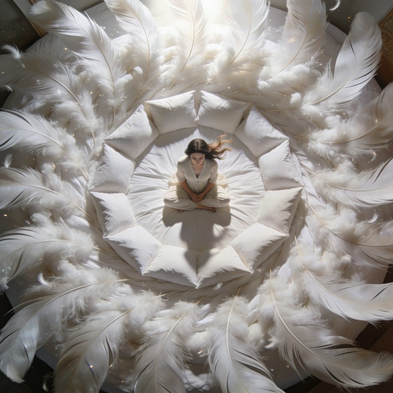 Person meditating on a circular white bed surrounded by oversized white feathers.