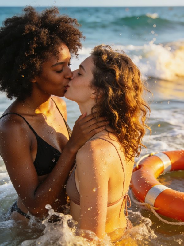 Two women kissing in the shallow surf at the beach, wearing bikinis.
