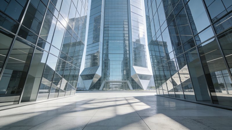 Modern glass skyscraper complex with reflective façades and a sunlit plaza.