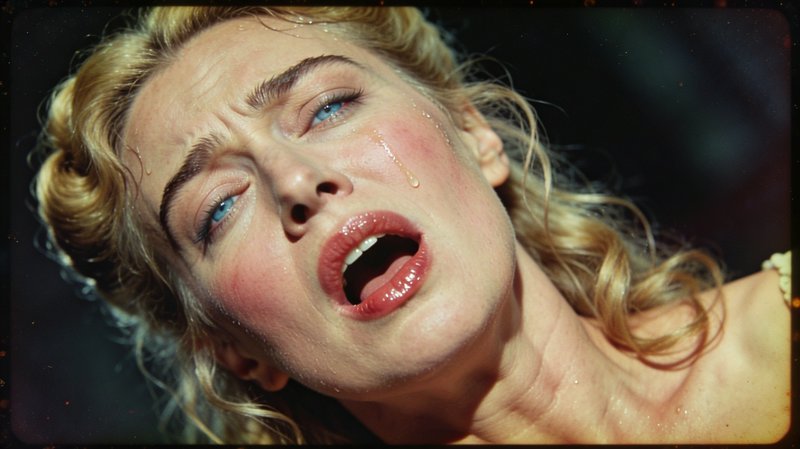 Close-up of a distressed blonde woman with a tear running down her cheek and her mouth open.