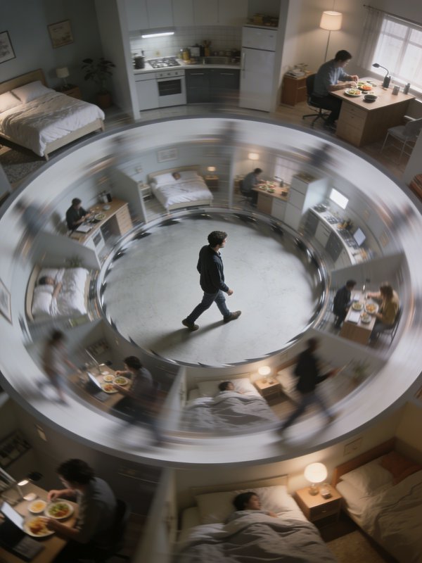 Circular interior dorm with a spiral hallway around a central open shaft and people at desks and beds.