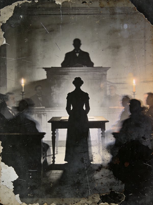 Silent silhouette of a woman at a podium in a candlelit vintage courtroom.