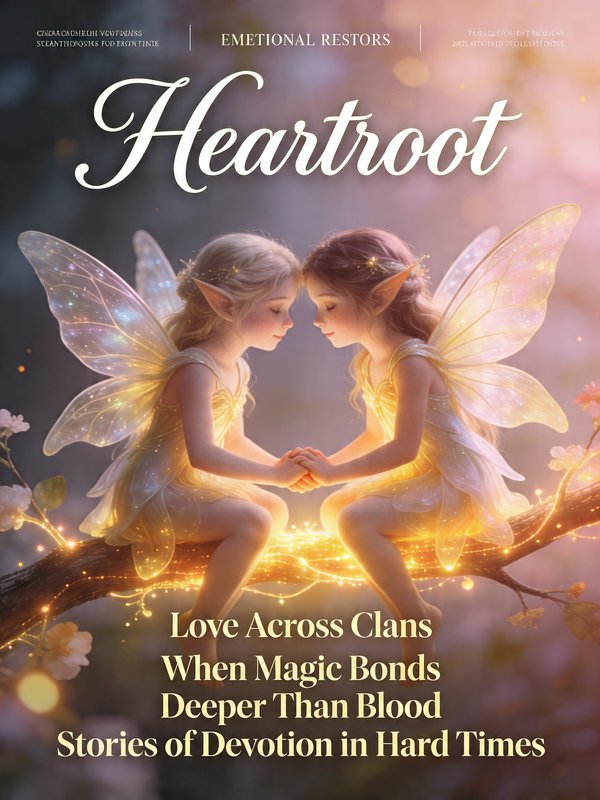 Two glowing winged fairies sit on a branch, facing each other and holding hands.