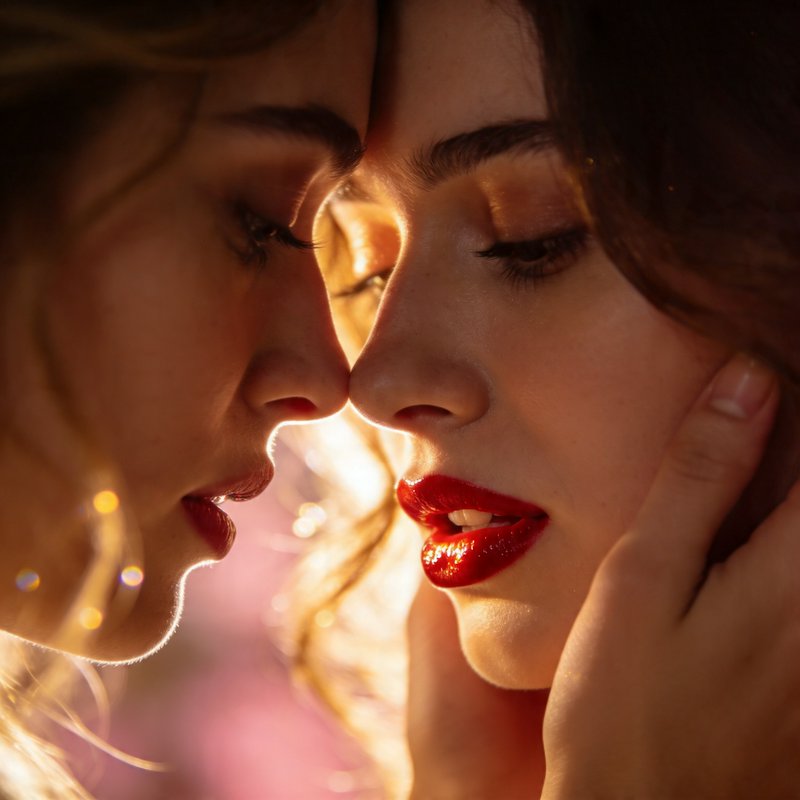 Close-up of two women in an intimate pose with warm lighting and bold red lipstick.