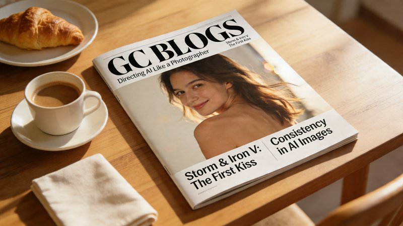 Magazine on a wooden table featuring a smiling woman on the cover, next to coffee and a croissant.