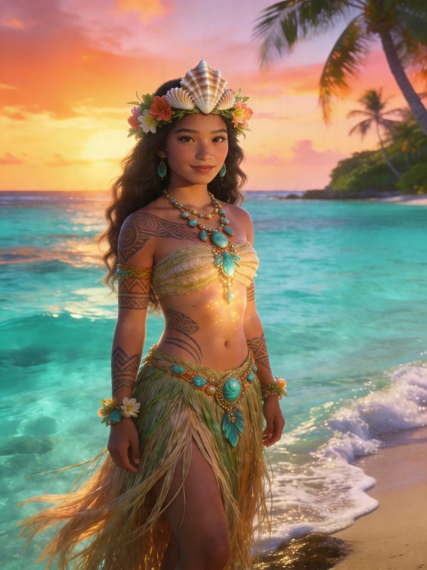 Woman in a seashell crown and turquoise jewelry on a tropical beach at sunset.