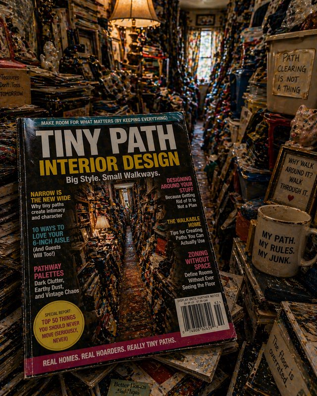Cluttered shop display with a bold "Tiny Path Interior Design" magazine at the center among knick-knacks.