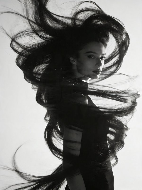 Black-and-white portrait of a woman with long, flowing hair swirling around her.