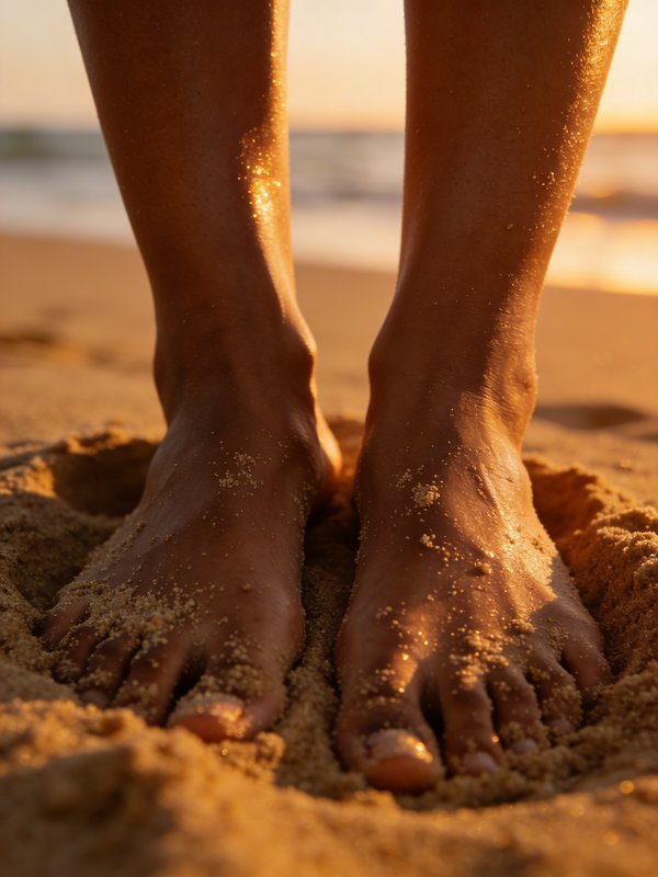 Bare feet pressing into warm beach sand at sunset