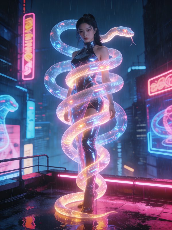 Futuristic neon-lit scene with a model in a glossy latex outfit wrapped by glowing purple-pink serpentine lights.