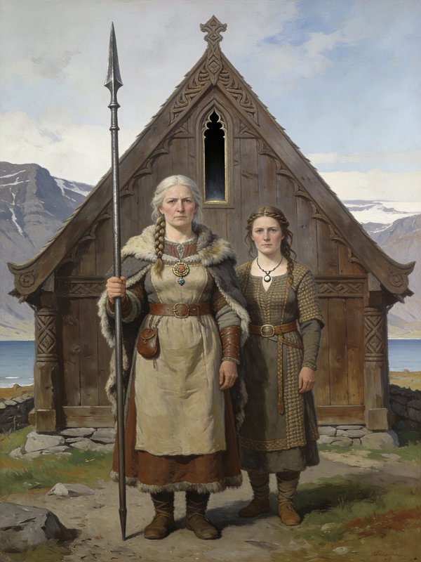 Two women in Viking-era attire stand before a carved wooden stave church on a coastal, mountainous landscape.