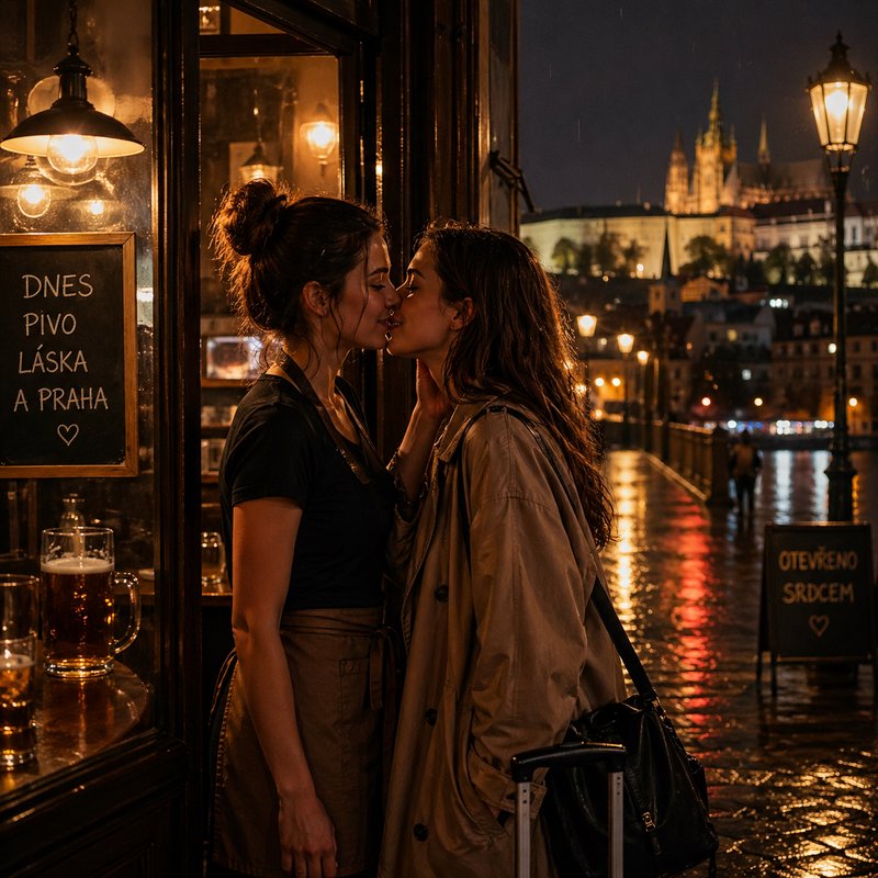 Two women share a kiss outside a warmly lit bar at night, with Prague’s skyline and river reflections in the background.