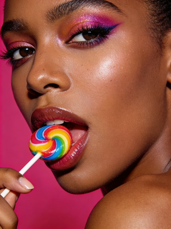 Close-up of a smiling person with glossy lips licking a rainbow lollipop, vibrant makeup.