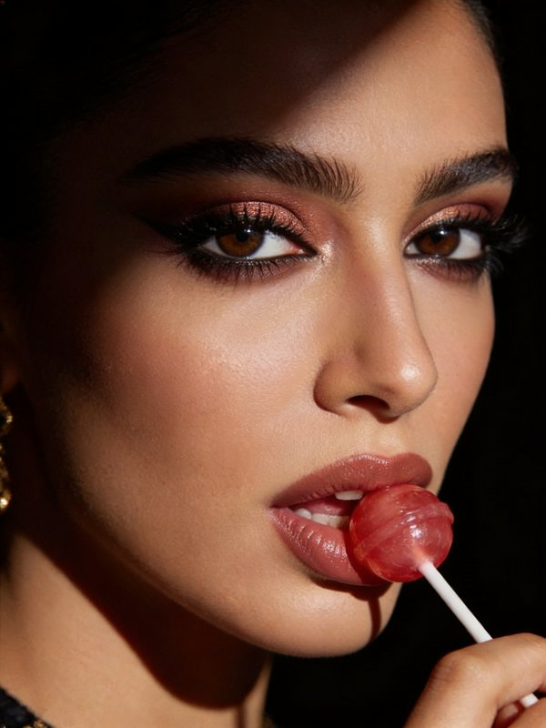 Close-up of a woman with dramatic makeup licking a red lollipop.