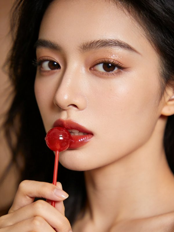 Close-up of a woman with glossy red lips holding a red lollipop near her lips.
