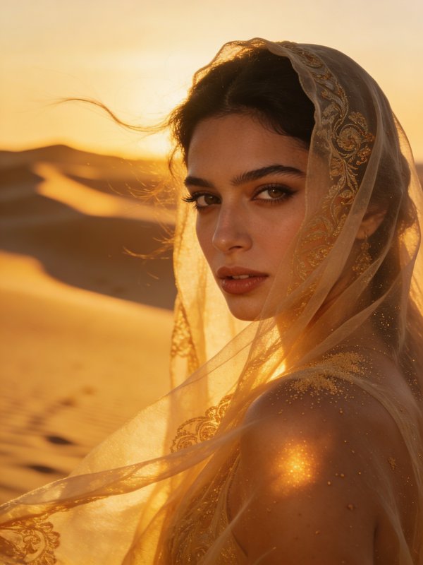 Portrait of a woman in a gold-embellished veil against a desert sunset