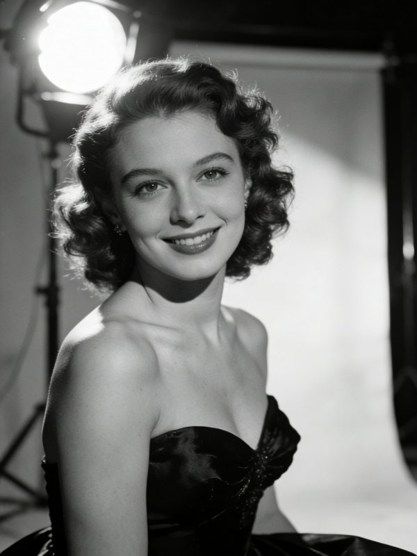 Black-and-white portrait of a smiling vintage actress in a strapless gown in studio lighting.