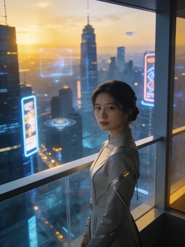 Woman in a sleek silver dress stands by a glass railing, city skyline and holographic UI projected around her.