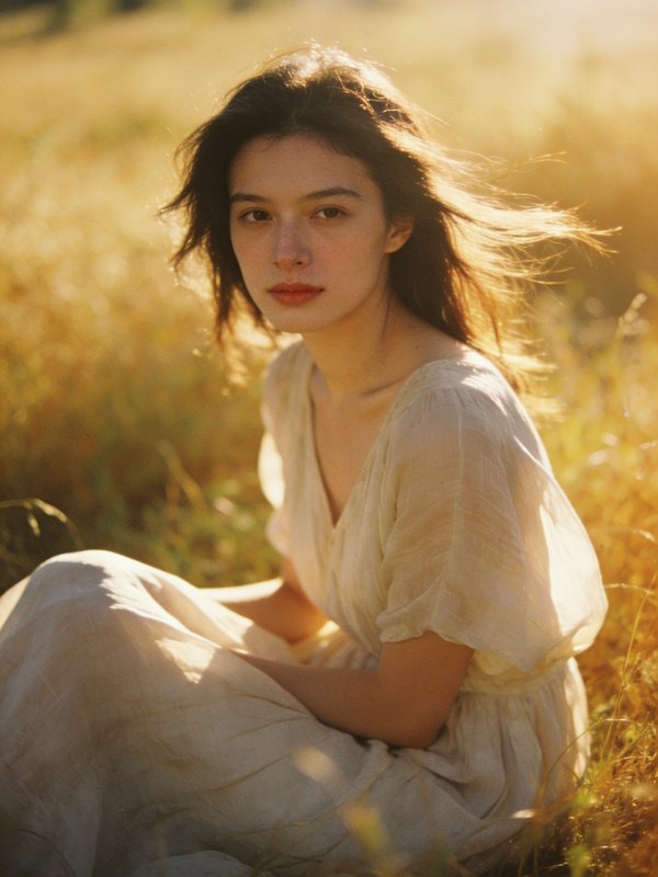 Young woman in a sunlit field wearing a light cream dress, seated in golden hour light.
