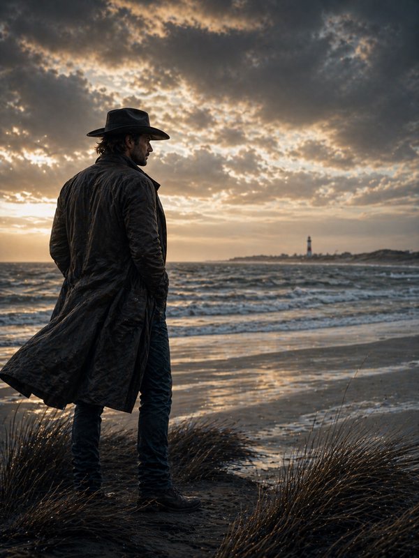 Man in a long coat and cowboy hat stands on a beach at sunset with a distant lighthouse.