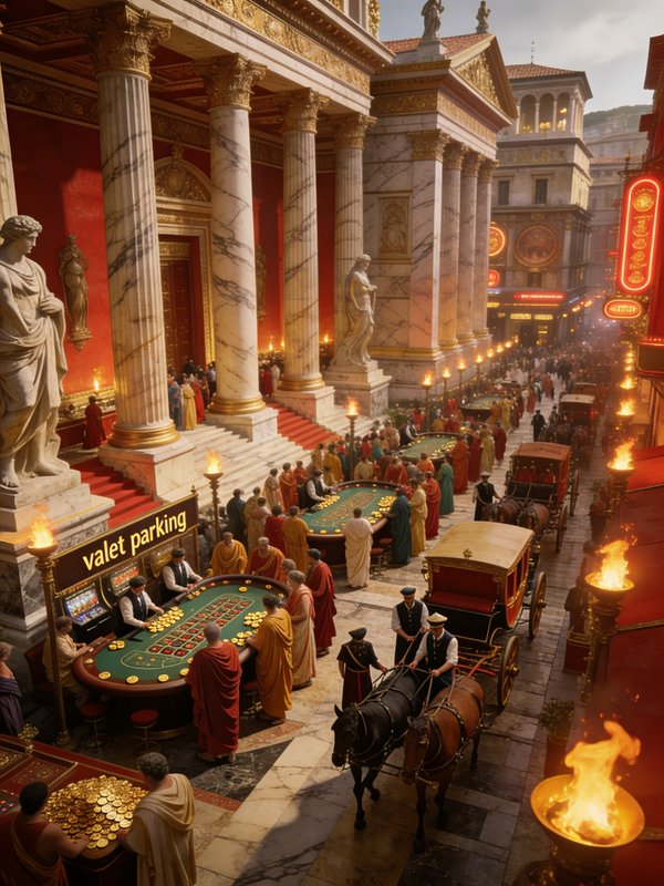Luxurious casino courtyard with marble columns, statues, gaming tables, and horse-drawn carriages.