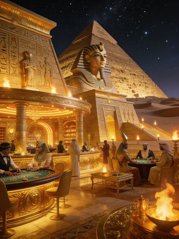Luxurious casino scene beside a giant Sphinx and pyramid under a starry night.