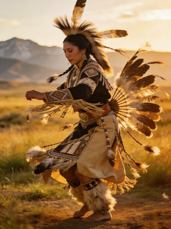 Indigenous dancer wearing feather regalia dancing in a sunlit prairie at dusk.