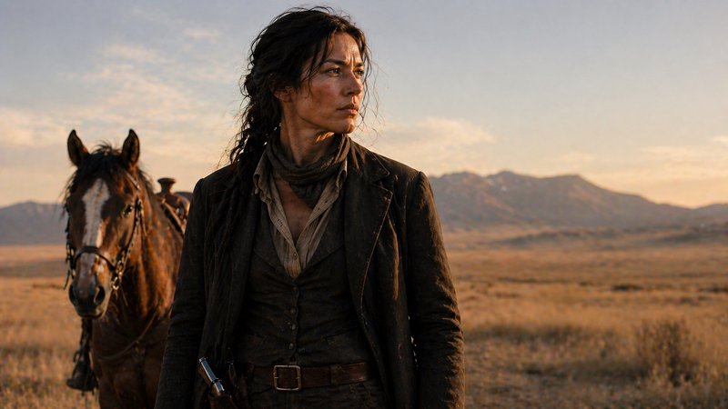 Woman in rugged frontier attire beside a horse on a sunlit desert plain at sunset