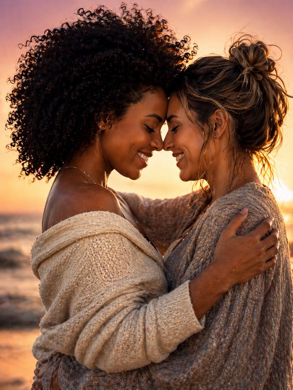 Two women embrace on a sunset beach, foreheads touching and smiling.
