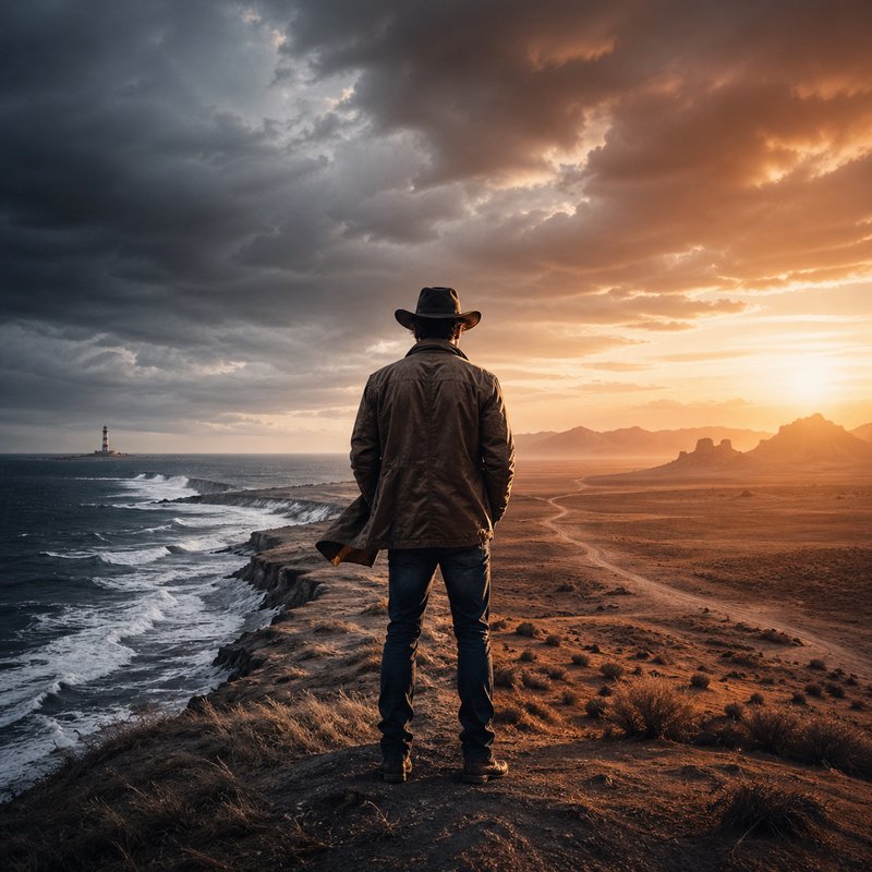 Man in a coat and hat stands on a cliff edge overlooking the ocean at sunset with a distant lighthouse.