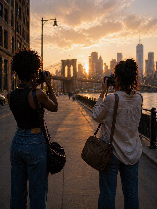 Two women photographers with cameras on a sunset stroll along NYC's Brooklyn Bridge waterfront.
