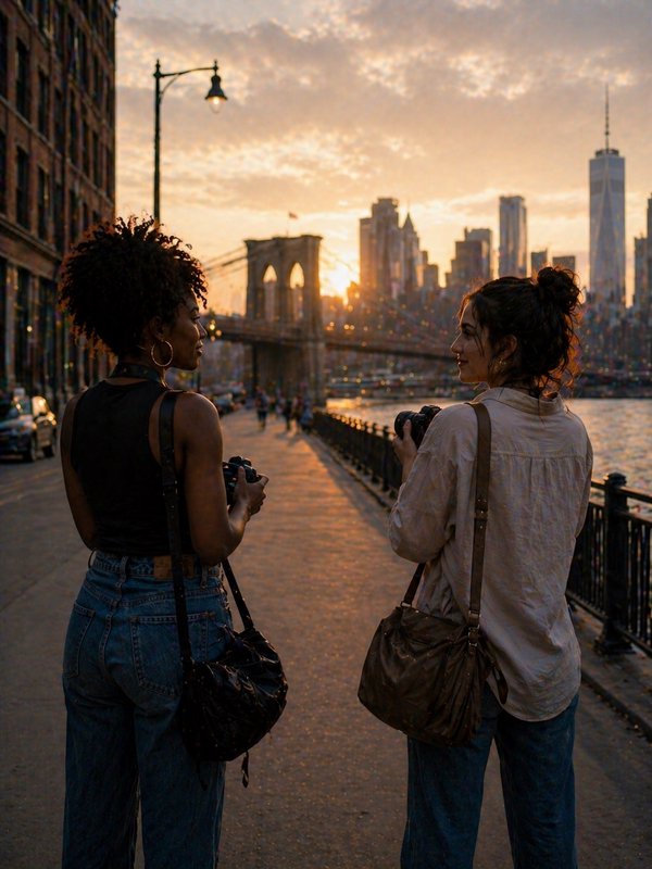 Two women with cameras walk along a riverfront at sunset with the Brooklyn Bridge and NYC skyline in the background