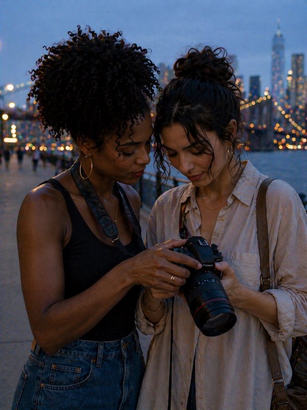 Two women by the waterfront at dusk, sharing a Canon DSLR as city lights twinkle behind them.