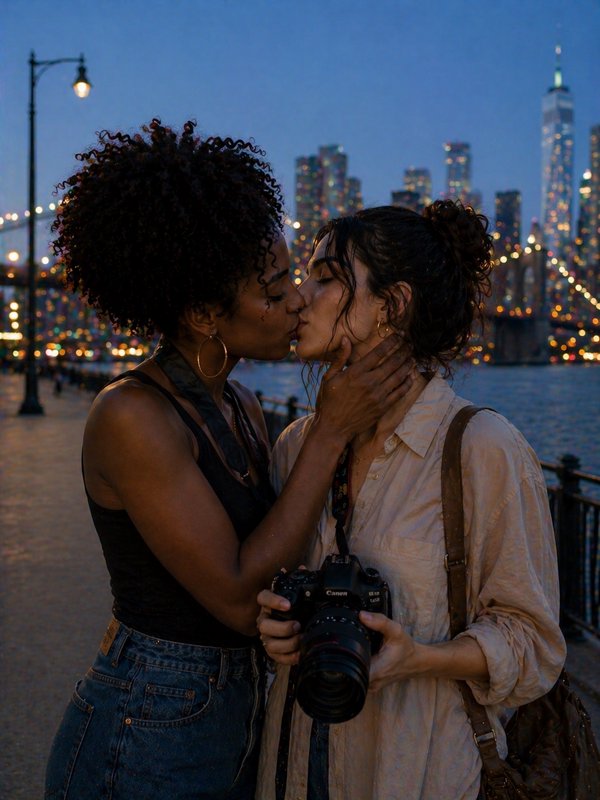 Two women kiss by a waterfront at night, one holding a camera, with a city skyline lit up behind them.