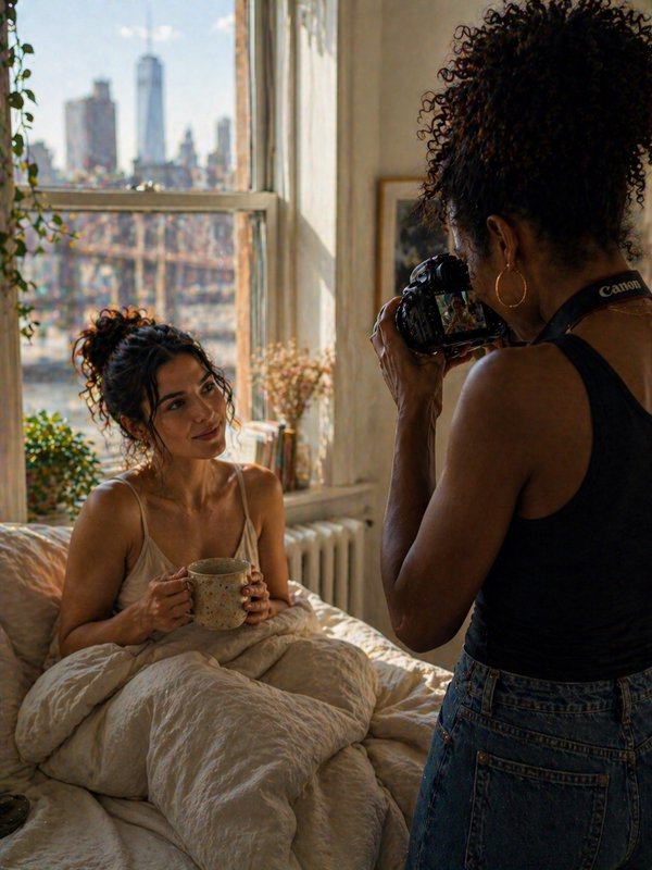 Woman sits up in bed with a mug while a photographer takes her portrait in a sunlit bedroom with a city skyline.
