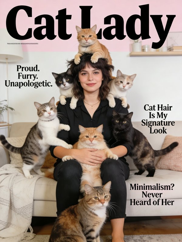 Woman surrounded by several cats on a pink-and-white magazine cover titled "Cat Lady"
