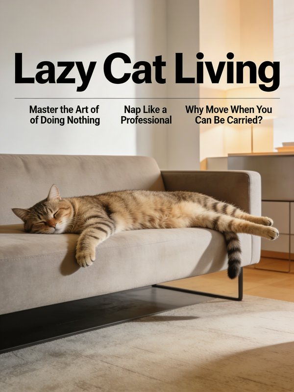 Sleepy tabby cat stretched out on a beige sofa in a modern living room.
