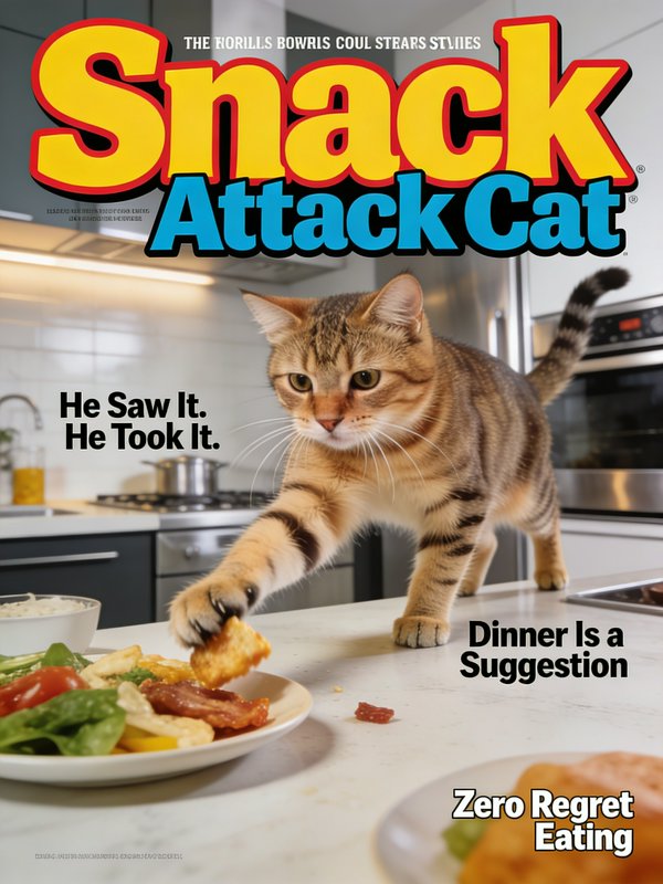 Cat on a kitchen counter reaching for food on a plate, on a "Snack Attack Cat" magazine cover