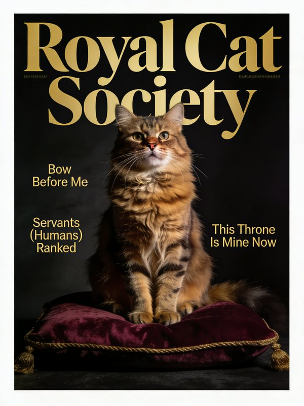 Cat sitting upright on a velvet throne cushion on the Royal Cat Society magazine cover.
